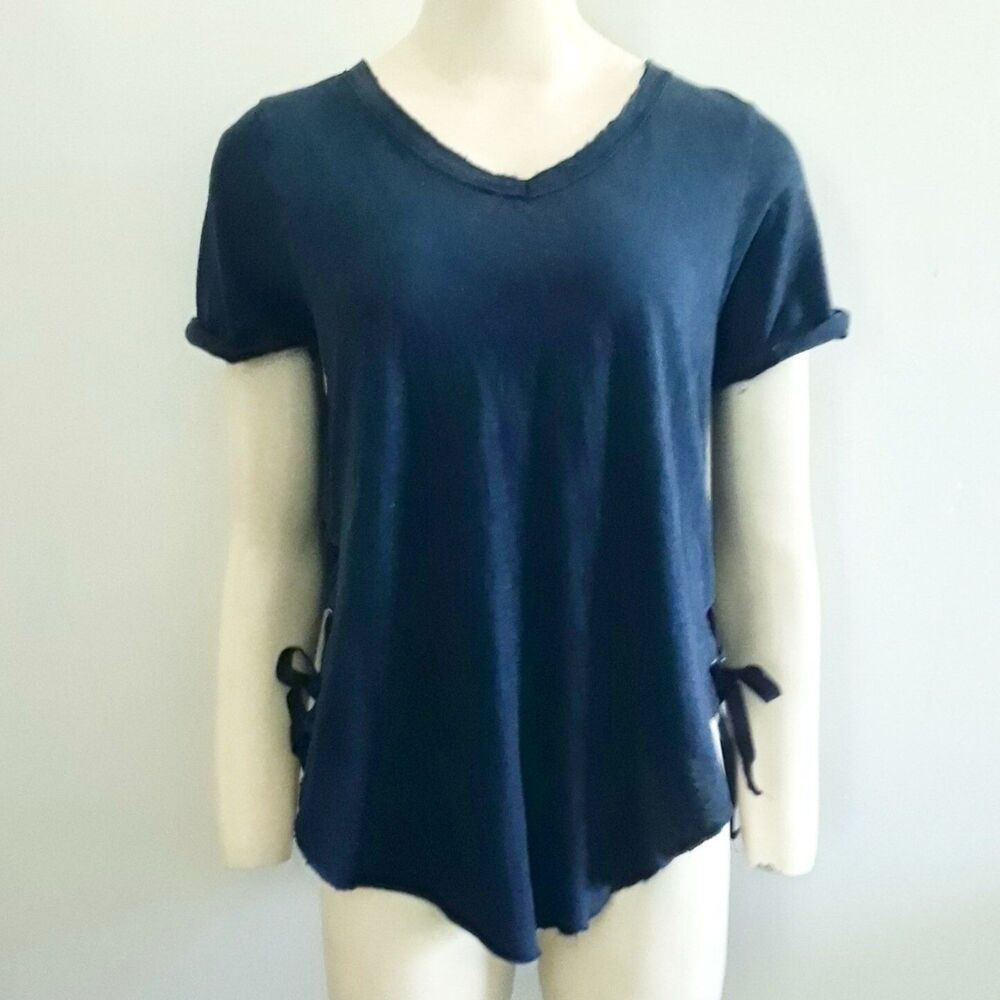 T2Love V-Neck Side Lace Up T-Shirt Blue Sz Lg Distress Short Sleeve Jersey Top